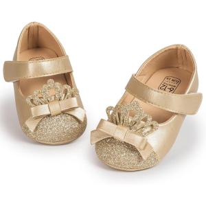 imageBaby Mary Jane Flats for Girls with Bowknot Cotton Anti Skid Sole Infant First Walker Princess Dress Crib Wedding ShoesBGold