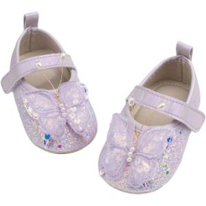 imageBaby Mary Jane Flats for Girls with Bowknot Cotton Anti Skid Sole Infant First Walker Princess Dress Crib Wedding ShoesD01Purple