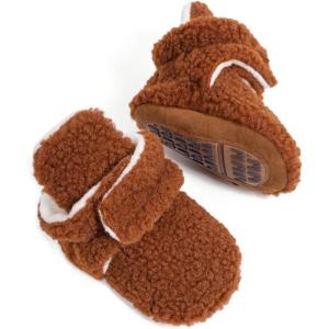 imageInfant Baby Boys Girls Cozy Fleece Booties Stay on Slippers Non Slip Soft Gripper Sock Shoes Toddler First Walker Newborn Crib Birthday Shower GiftB01Brownrubber Sole