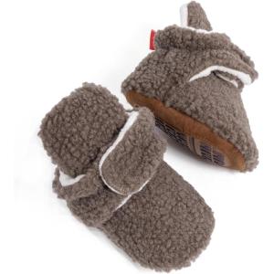 imageInfant Baby Boys Girls Cozy Fleece Booties Stay on Slippers Non Slip Soft Gripper Sock Shoes Toddler First Walker Newborn Crib Birthday Shower GiftB01Rgrayish Brownrubber Sole