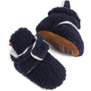 imageInfant Baby Boys Girls Cozy Fleece Booties Stay on Slippers Non Slip Soft Gripper Sock Shoes Toddler First Walker Newborn Crib Birthday Shower GiftB01Navy Bluerubber Sole