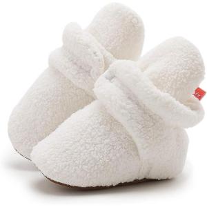 imageInfant Baby Boys Girls Cozy Fleece Booties Stay on Slippers Non Slip Soft Gripper Sock Shoes Toddler First Walker Newborn Crib Birthday Shower GiftGWhite