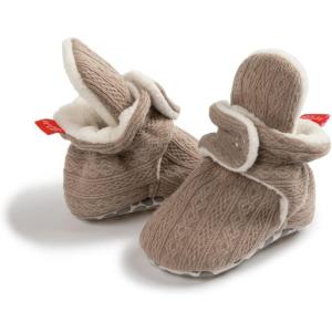 imageInfant Baby Boys Girls Cozy Fleece Booties Stay on Slippers Non Slip Soft Gripper Sock Shoes Toddler First Walker Newborn Crib Birthday Shower GiftFLight Brown