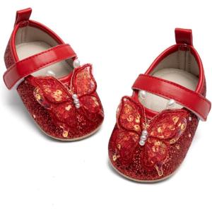 imageBaby Mary Jane Flats for Girls with Bowknot Cotton Anti Skid Sole Infant First Walker Princess Dress Crib Wedding ShoesD01Red